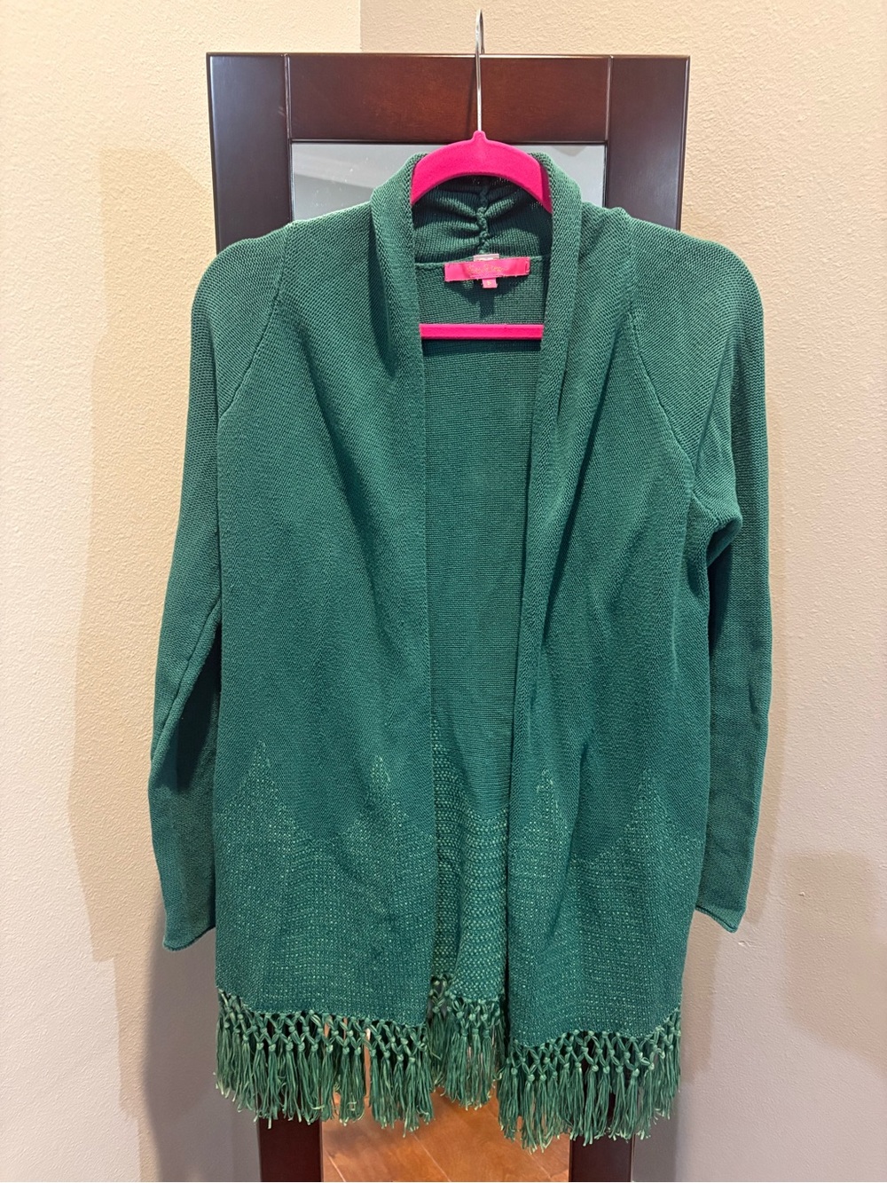 Lilly Pulitzer Forest Green Fringe Open-Front Cardigan